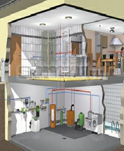 Схема водного отопления. В цокольном этаже нагреватель и источник воды